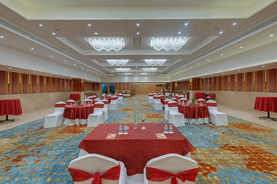 Hotel Ayodhya features a vibrant stage setup, perfect for presentations or performances.