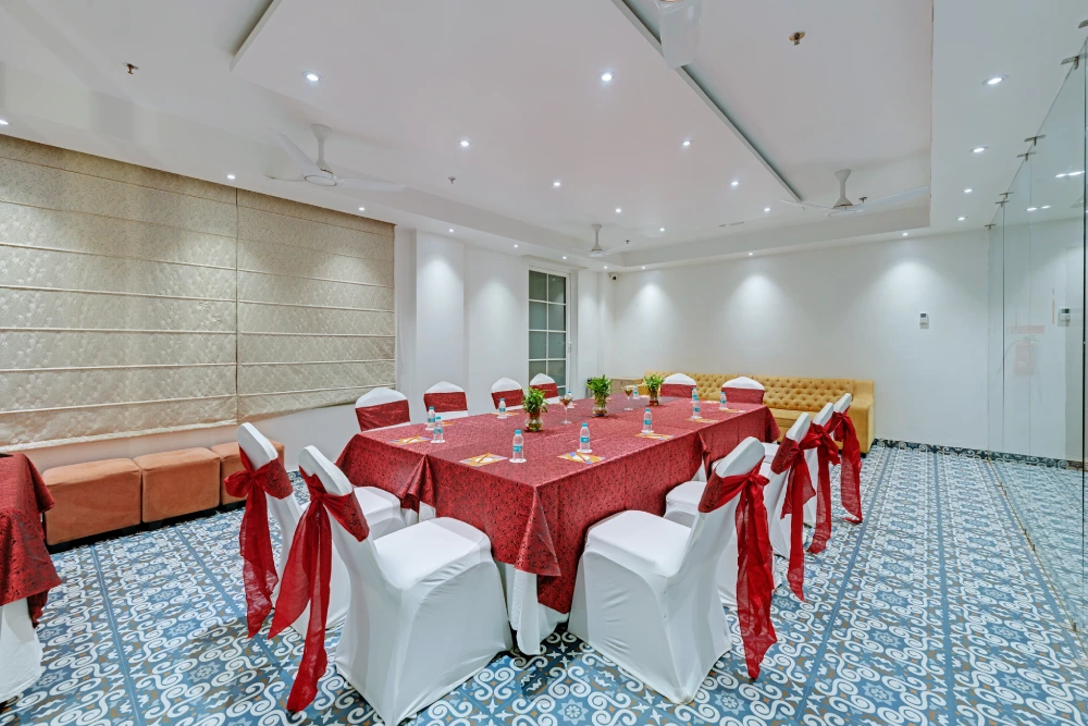 Best Hotels In Ayodhya Near Ram Mandir featuring an elegant banquet hall for grand celebrations and spiritual events.