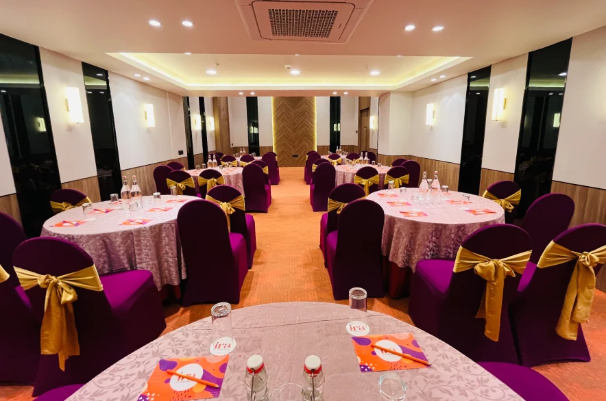 Hotel Ayodhya features elegant banquet decor, setting a sophisticated ambiance.
